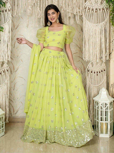 Glamorous Lime Green Sequins Georgette Wedding Wear Lehenga Choli